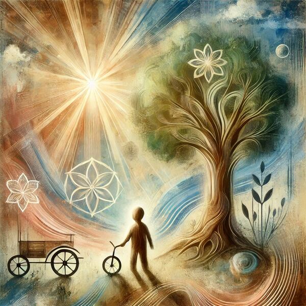 Watercolor illustration: a child with a tricycle beneath a radiant sun and tree.